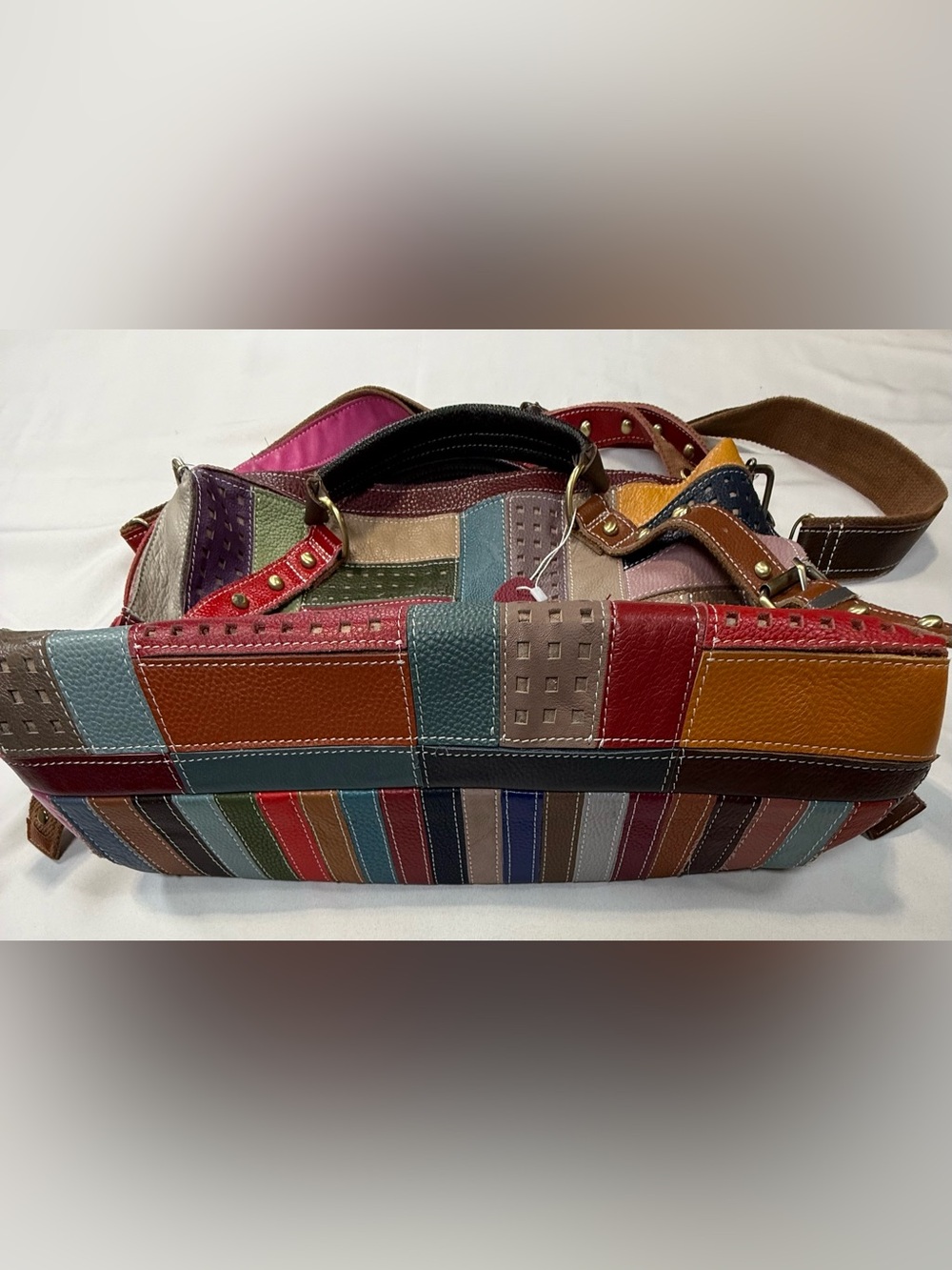 Colorful Striped Leather Shoulder Bag with Studded Strap - Picture 6 of 13
